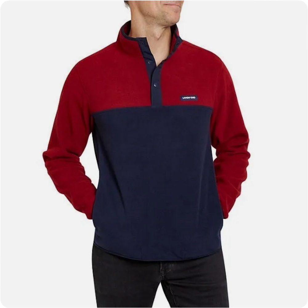 Lands' End Fleece Pullover Top Shirt Soft Stretch Burgundy Navy Men's XXL
